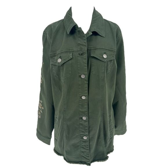 Chico’s Embroidered Green Denim Novelty Juniper Spring Jacket Sz Large 2 Women’s - Picture 2 of 6